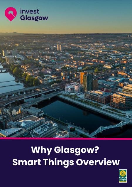 Mock up of a document cover: An image of Glasgow's River Clyde with a blue box at the bottom of the page that says Why Glasgow? Smart Things Overview