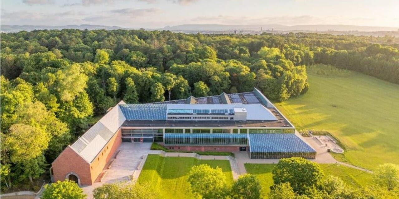 Aerial view of the Burrell Collection nestled in Pollok Park