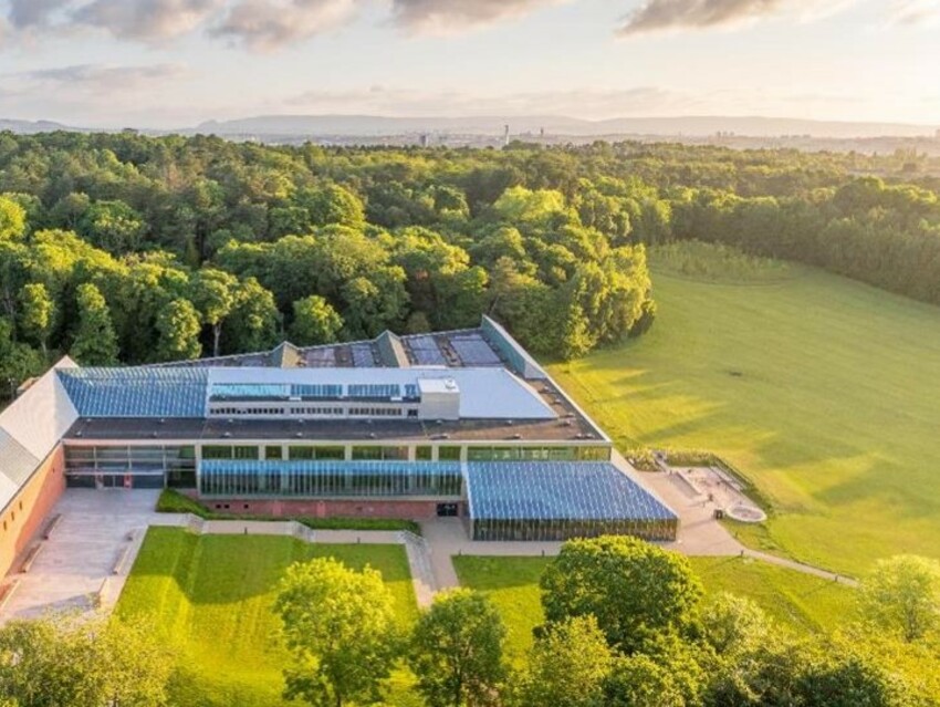 Aerial view of the Burrell Collection nestled in Pollok Park